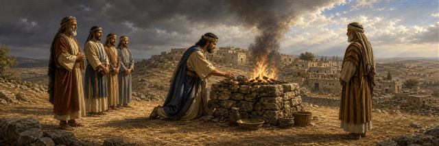 David kneeling beside a fieldstone altar on Araunah’s threshing floor above Jerusalem